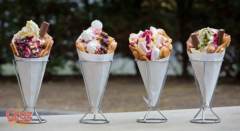 cruz waffles with ice cream and toppings